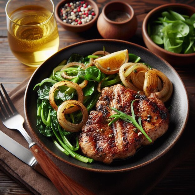 A front view fried meat with greens inside dark plate on the brown wooden desk meal food dinner 1