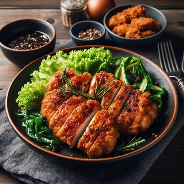 A front view fried meat with greens inside dark plate on the brown wooden desk meal food dinner 2