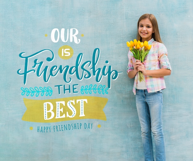front view girl holding a bouquet of yellow flowers mock-up