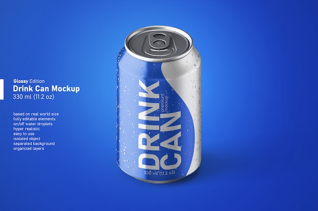 Front view glossy beverage can mock up with water droplets