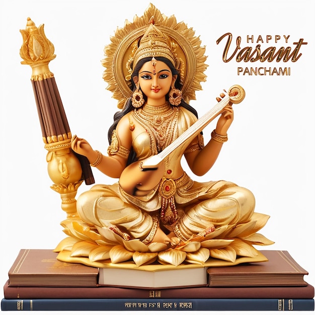 PSD front view golden idol of goddess saraswati on books