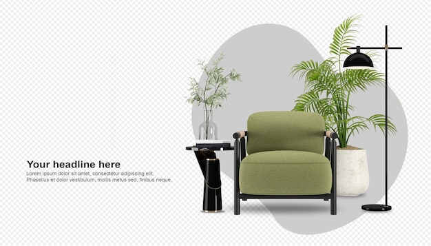 Front view green armchair and plant in 3d rendering