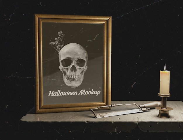 PSD vista frontale halloween mock-up cornice con teschio