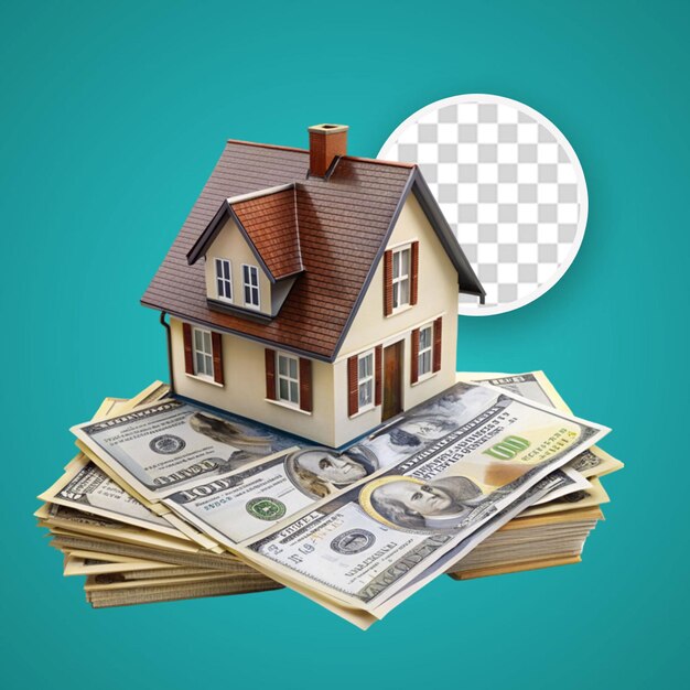 PSD front view house with garden and money banknotes