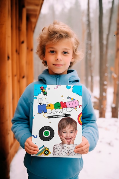 Front view kid holding book outdoors