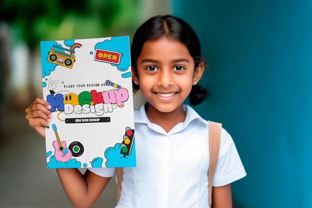 Front view kid holding book outdoors