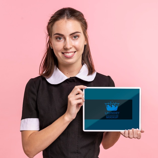 PSD front view maid holding tablet mock-up