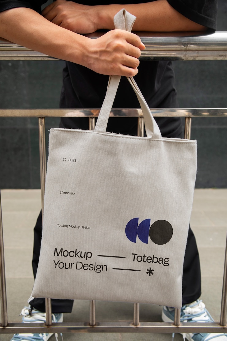 PSD front view man holding totebag mockup