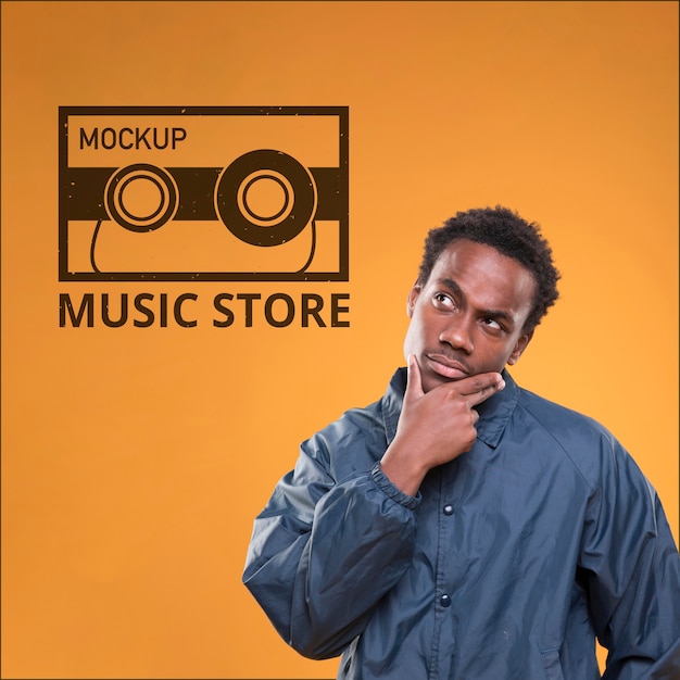 PSD front view of man thinking about something for music store mock-up