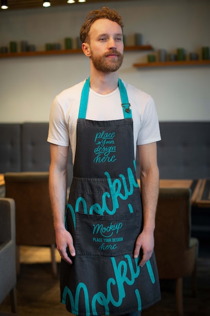 PSD front view man wearing apron at work