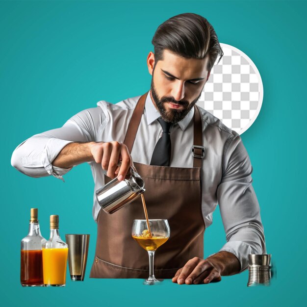 PSD front view mannelijke barman voor de tafel met shakers die drank bereiden