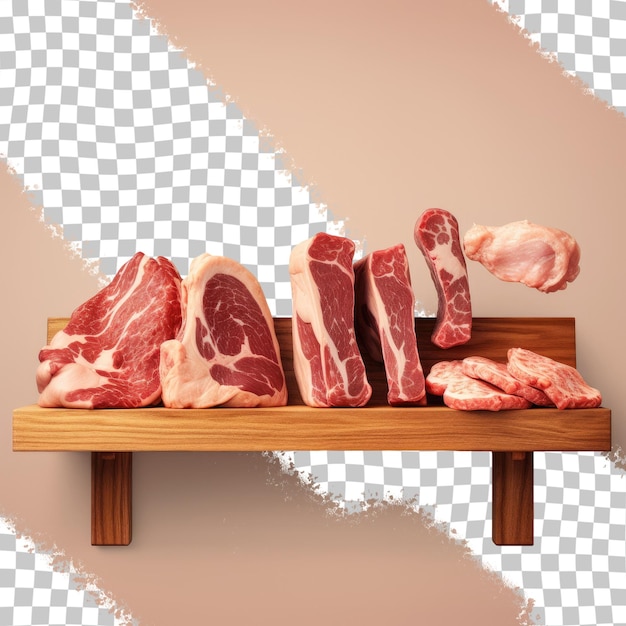 PSD front view of meat on wooden shelf