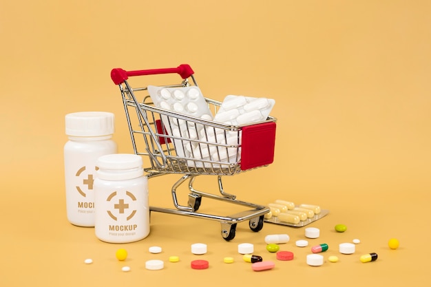 Front view of medicine bottles with pills and shopping cart