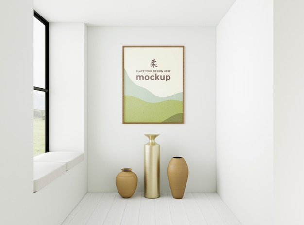 Disposizione interna minimalista vista frontale con cornice mock-up