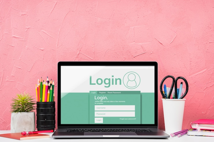 PSD front view mock-up laptop with pink background