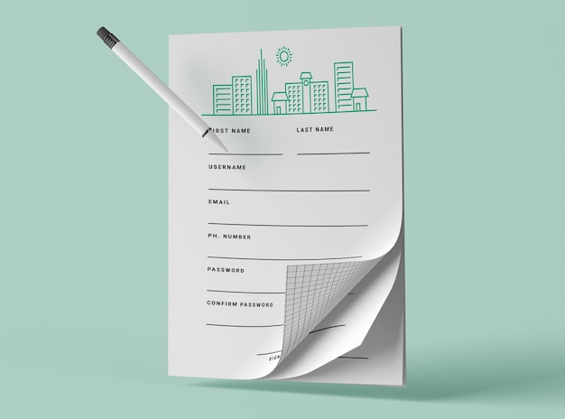 front view of mock-up papers with pen