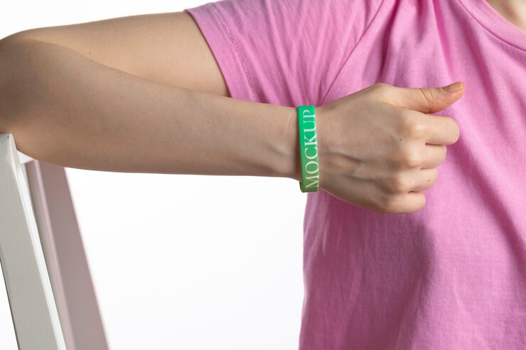 PSD front view model wearing green bracelet
