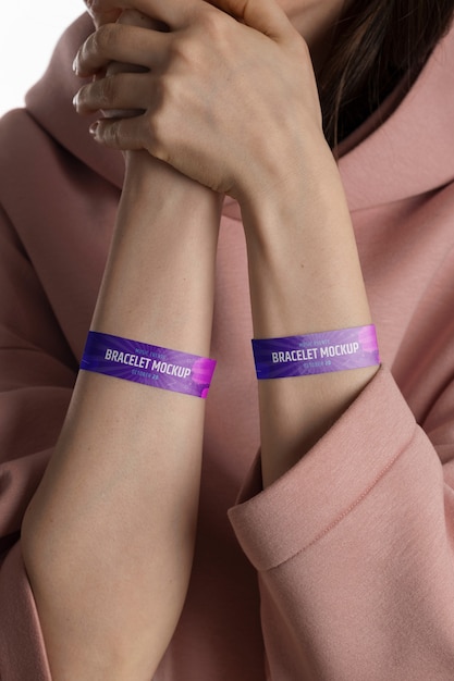 PSD front view model wearing purple bracelets