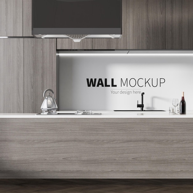 Mockup moderno della parete della cucina di vista frontale fra i mobili