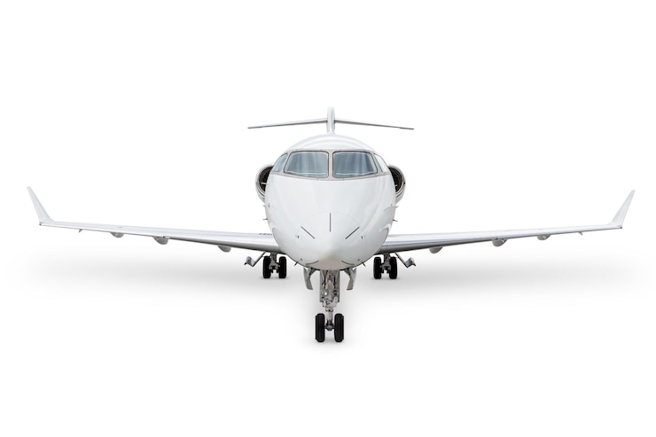 PSD front view of the modern white private jet plane isolated
