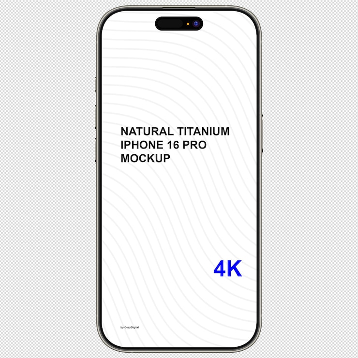 PSD front view of natural titanium smartphone mockup similar to iphone 16 pro without background