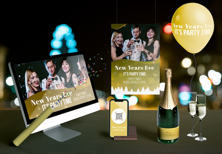 PSD front view of new year scene creator mock-up