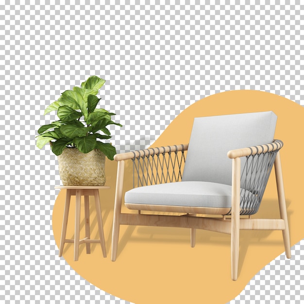 Кресло и растение, вид спереди в 3d-рендеринге