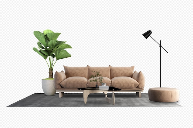 Вид спереди коричневого дивана и растения в 3d-рендеринге