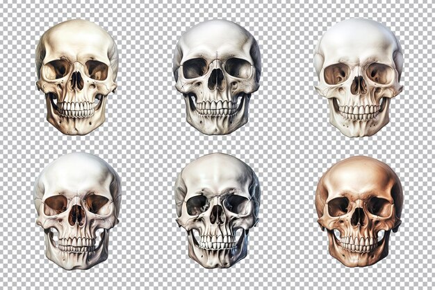 PSD Вид спереди коллекции человеческих черепов, изолированной на прозрачном фоне