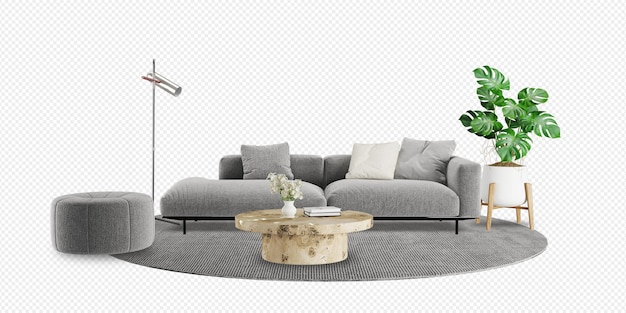 Вид спереди дивана и растения монстера в 3d-рендеринге