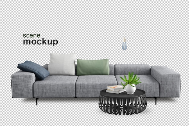 Front view of sofa and plant in 3d rendering