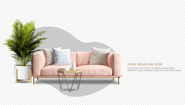 front view of sofa and plant in 3d rendering