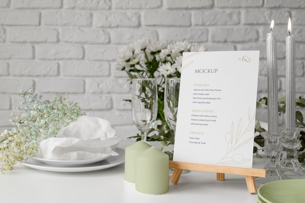 Front view of table arrangement with spring menu mock-up and candles
