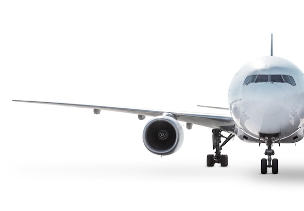 Front view of white wide body passenger airliner isolated