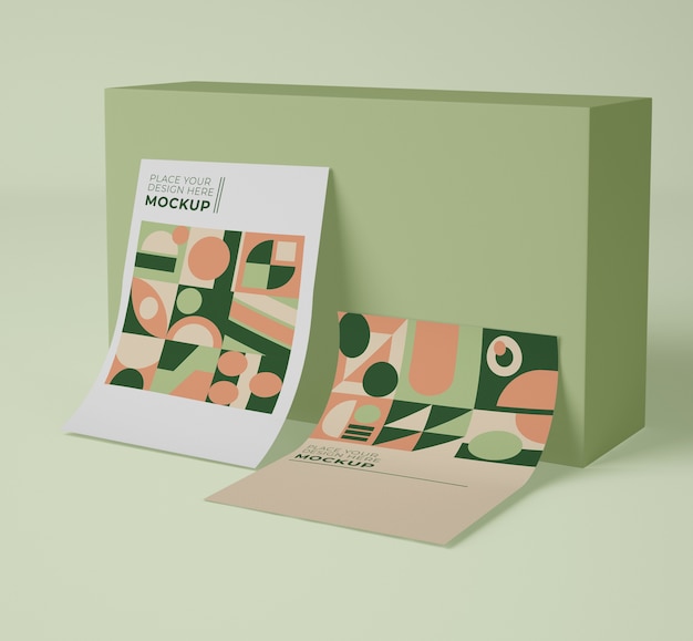 PSD front view of paper mock-up with geometric shapes