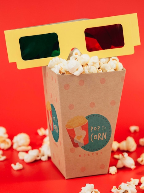 PSD front view of popcorn cup with three-dimensional glasses