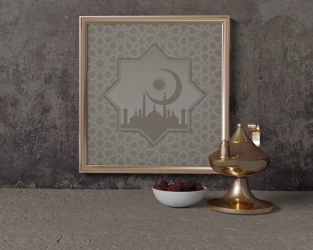 Vista frontale composizione ramadan mock-up con cornice