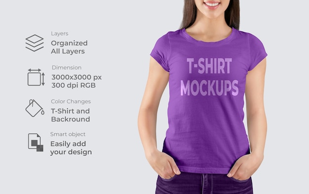 PSD front view realistic female tshirt and 3d female model mockup