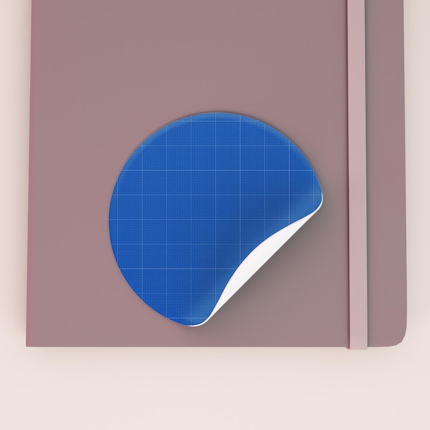 Front view round sticker on notebook psd mockup with customizable design