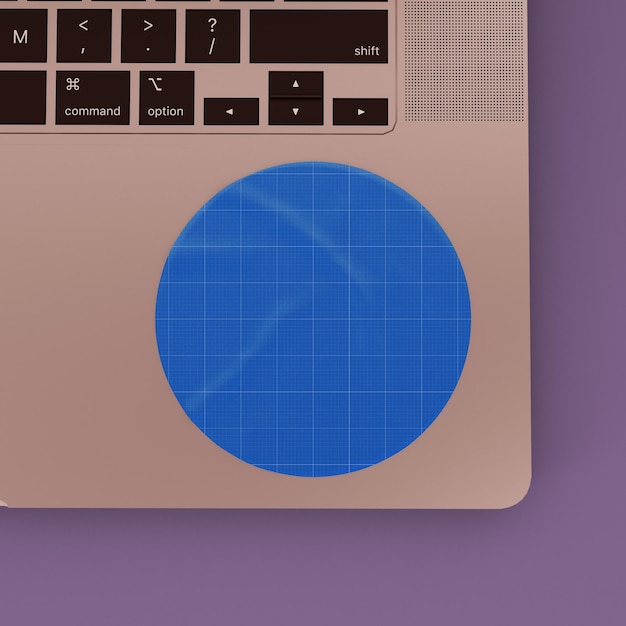 Круглая наклейка спереди на ноутбуке psd макет с настраиваемым дизайном