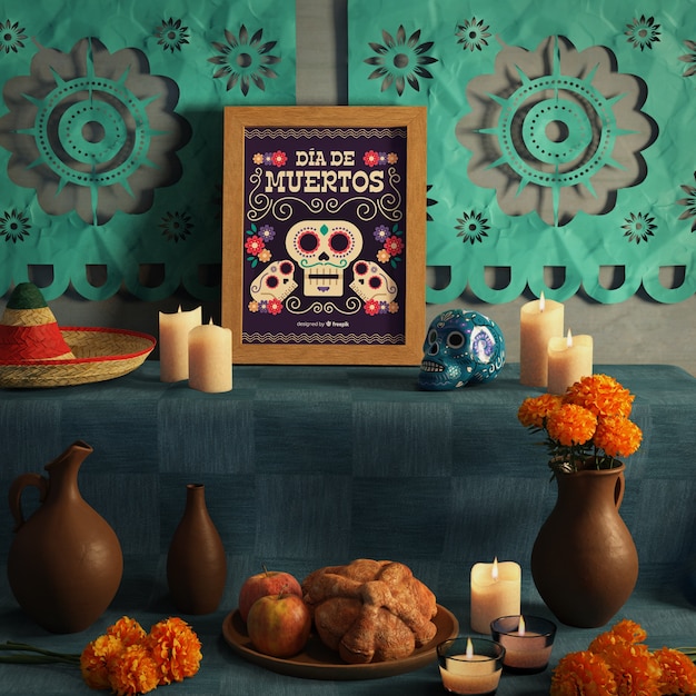 Colpo di vista frontale del dia de muertos mock-up con teschio