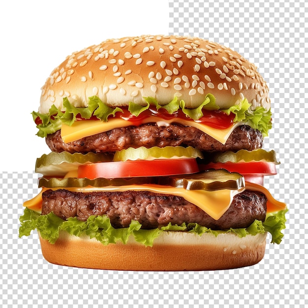 PSD front view smakelijke vleesburger met kaas en salade op transparante achtergrond