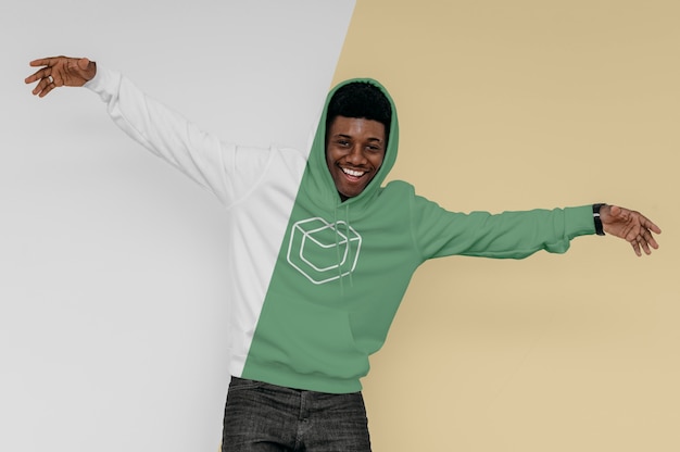 front view of smiley man in hoodie