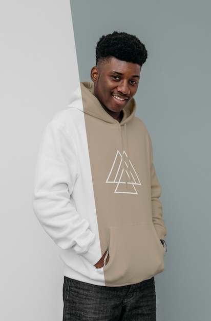 PSD front view of smiley man in hoodie