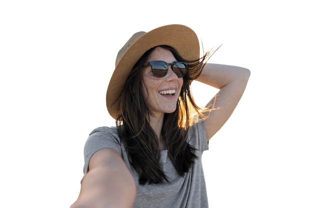 PSD front view smiley woman wearing hat