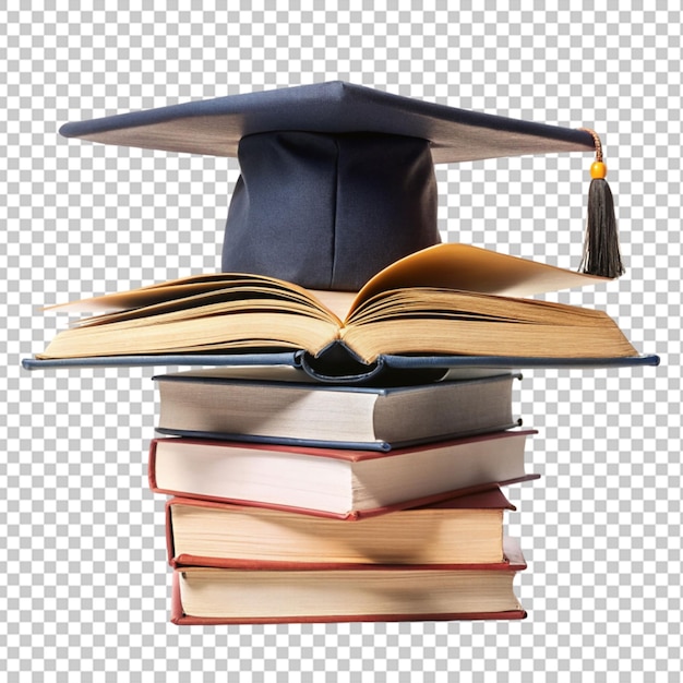 Front view of stacked books graduation cap