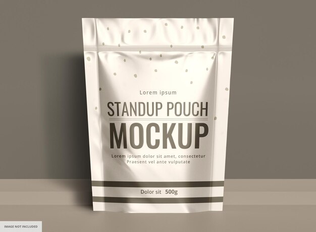 Vista frontale standup pouch bag packaging mockup con sfondo scuro