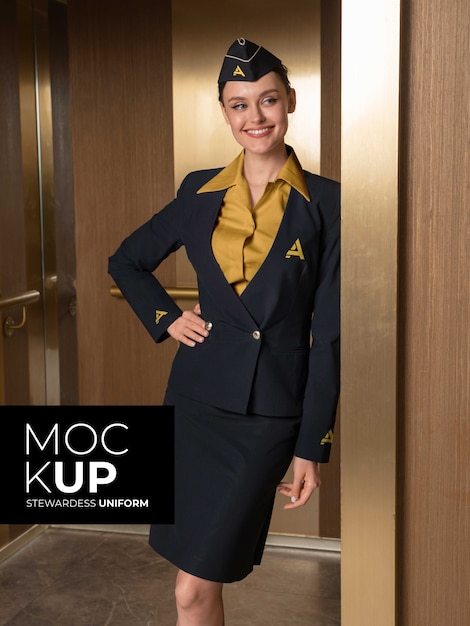 PSD front view stewardess posing in uniform