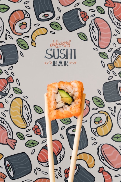 Vista frontale di sushi e bacchette su sfondo colorato