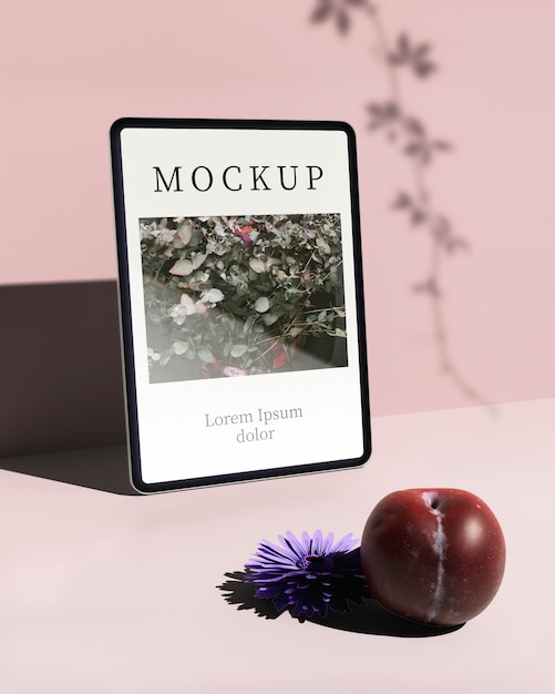 PSD front view of tablet with plum and flower